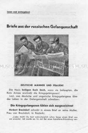Bebildertes sowjetisches Abwurf-Flugblatt mit Auszügen aus Briefen deutscher Kriegsgefangener