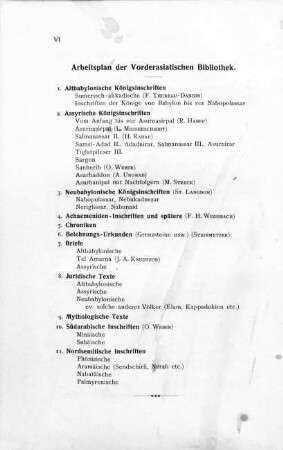 Arbeitsplan der Vorderasiatischen Bibliothek