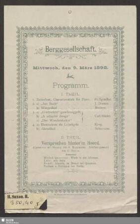 Berggesellschaft : Mittwoch, den 9. März 1892 : Programm