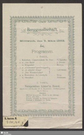 Berggesellschaft : Mittwoch, den 9. März 1892 : Programm