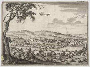 Ansicht von Moringen, Radierung, um 1650? : Moringen / Casp. Merian fecit. - [Frankfurt ] , [um 1650?]. - 1 Vogelschauansicht : Radierung ; 32 x 23 cm. Mit Gebäudeverzeichn. - Mit 1 Wappen