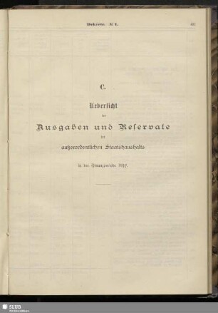 C. Uebersicht der Ausgaben und Reservate des außerordentlichen Staatshaushalts in der Finanzperiode 1890/91