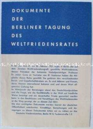 Flugschrift mit den Dokumenten der Tagung des Weltfriedensrates 1951 in Berlin