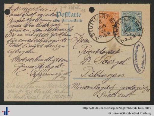 Postkarte vom 06.06.1921.