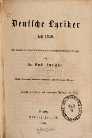 Deutsche Lyriker seit 1850 [achtzehnhundertfünfzig]