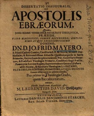 Dissertatio Inauguralis, De Apostolis Ebraeorum