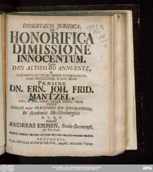 Dissertatio Juridica, De Honorifica Dimissione Innocentum