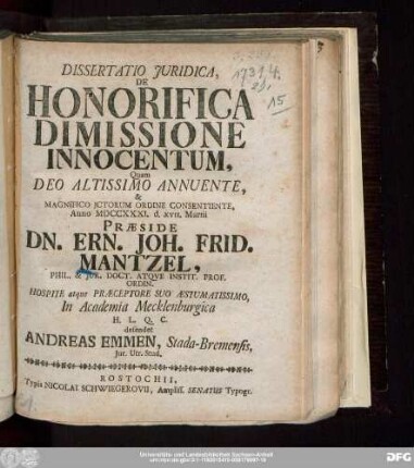 Dissertatio Juridica, De Honorifica Dimissione Innocentum