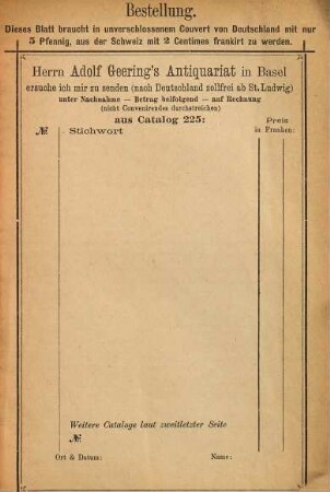 Antiquarischer Catalog von Adolf Geering in Basel, 225. [ca. 1892]