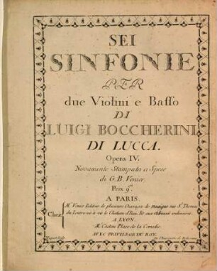 Sei sinfonie per due violini e basso : opera IV