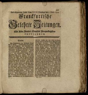 Num. LXXXI. Dienstags den 9. Octob. 1753 - Num. XC. Freytags den 9. Nov. 1753