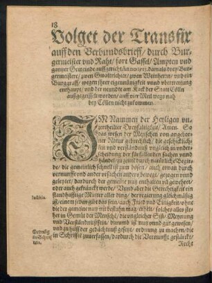 Volget der Transfir auff den Verbundsbrieff/ durch Burgermeister und Raht ... auffgericht Anno 1513 ...