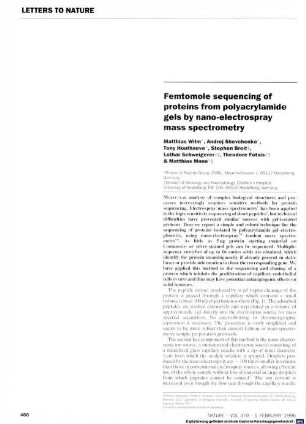 Femtomole sequencing of proteins from polyacrylamide gels by nano-electrospray mass spectrometry
