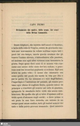 Capo Primo. Divisamento dei motivi, dello scopo, dei sensi della Divina Commedia