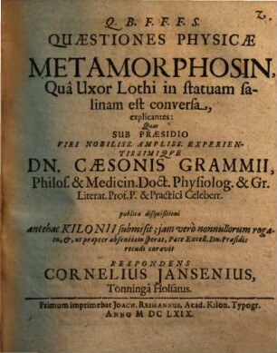 Quaestiones Physicae Metamorphosin, Qua Uxor Lothi in statuam salinam est conversa, explicantes