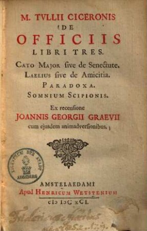 M. Tvllii Ciceronis De Officiis : Libri Tres