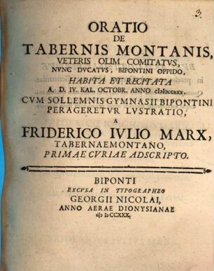 Oratio De Tabernis Montanis, Veteris Olim Comitatus Nunc Ducatus, Bipontini Oppido