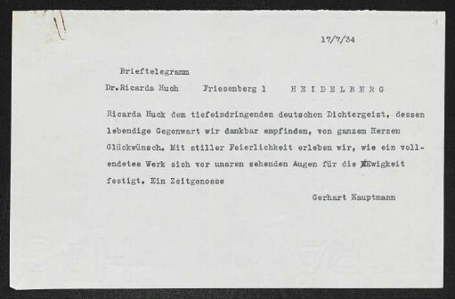 Brief von Gerhart Hauptmann an Ricarda Huch