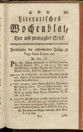 Literarisches Wochenblat, Vier und zwanzigstes Stück.