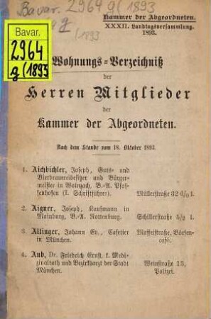 Wohnungsverzeichnis der Herren Mitglieder der Kammer der Abgeordneten. 1893, 18. Okt. = Landtag 32