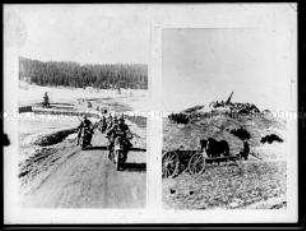 Auf Motorrädern fahrende Soldaten (links); Pferdewagen mit Geschütz im Hintergrund (rechts)