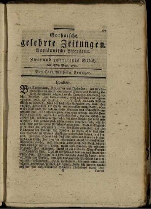 Zwey und zwanzigstes Stück, den 28ten May 1791.