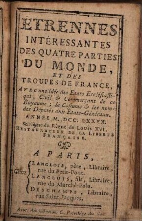 Étrennes intéressantes des quatre parties du monde. 1790