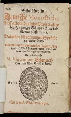 Bibelbüchlin : Deutsche Monosticha Auff alle und jgliche Capitel aller Bücher heiliger Schrifft/ Altes und Newes Testaments ; Darneben die vornemsten Sprüche aus jglichem Buch ; Zu ende mit einem sonderlichen Register ...