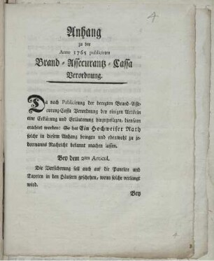 Anhang zu der Anno 1765 publicirten Brand-Assecurantz-Cassa Verordnung : [Actum Lubecae d. 3. Febr. 1768.]