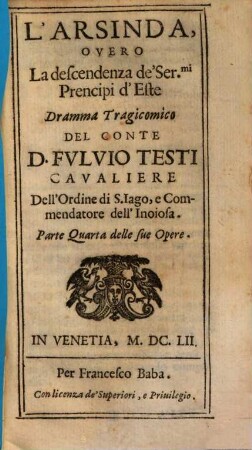 Opere Del Sig. Conte Don Fvlvio Testi. 4, L' Arsinda, Overo : La descendenza de' Ser.mi Prencipi d'Este ; Dramma Tragicomico
