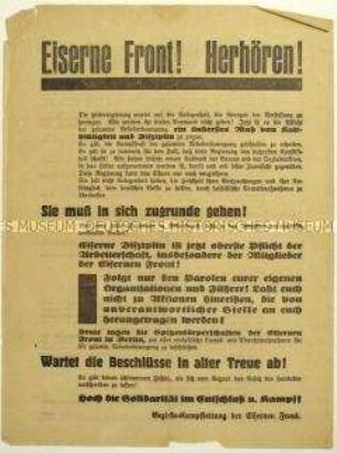 Flugblatt der Eisernen Front gegen die Reichsregierung und Aufruf zum Beitritt