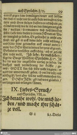 IX. Liebes-Spruch, auß Sprüchw. VIII, 21