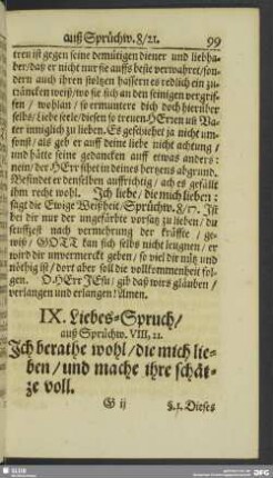 IX. Liebes-Spruch, auß Sprüchw. VIII, 21