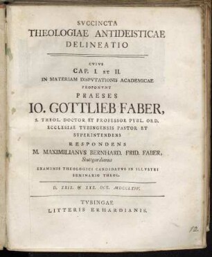 Svccincta Theologiae Antideisticae Delineatio : Cvivs Cap. I. Et II.