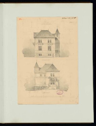 Ländliches Wohnhaus, Berlin-Lichterfelde Monatskonkurrenz April 1881: Aufriss Straßenansicht, Seitenansicht; Maßstabsleiste