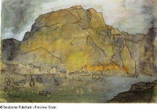 Konstruktiver See mit Booten vor Häusern und Zentralberg (Schottland)