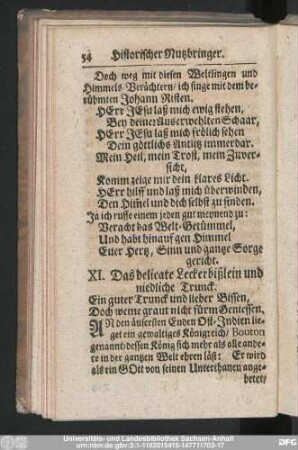 XI. Das delicate Leckerbißlein und niedliche Trunck.