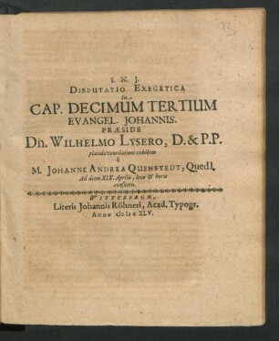 Disputatio Exegetica In Cap. Decimum Tertium Evangel. Johannis