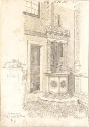 Walther, Conradin; u. a. Deutschland; Italien; Sammlung Conradin Walther: Band III, Nr. 63 - 120b (fol. 73 - 134) - Ziehbrunnen, Certosa di Pavia (Grundriss, Perspektive)