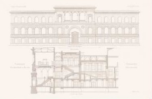 Technische Hochschule Berlin: Ansicht von Norden, Querschnitt (aus: Atlas zur Zeitschrift für Bauwesen, hrsg. v. L.v.Tiedemann, Jg. 36, 1886)