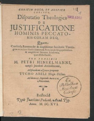 Disputatio Theologica De Iustificatione Hominis Peccatoris Coram Deo