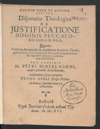 Disputatio Theologica De Iustificatione Hominis Peccatoris Coram Deo