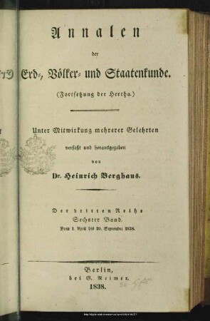 3.Ser.6.1838+Index: Annalen der Erd-, Völker- und Staatenkunde