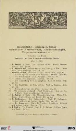 Kupferstiche, Radirungen, Schabkunstblätter, Farbendrucke, Handzeichnungen, Pergamentminiaturen etc. (Nr. 1-295)