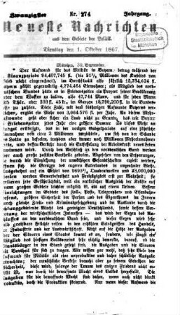 Neueste Nachrichten aus dem Gebiete der Politik. 1867 = Jg. 20, 10 - 12