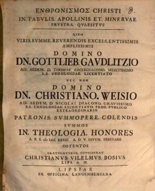 Enthronismos Christi in fabulis Apollinis et Minervae frustra quaesitus