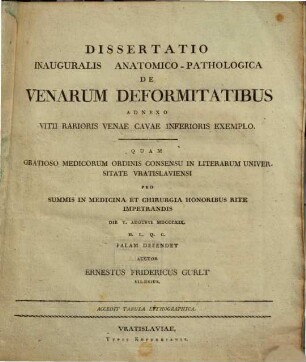Dissertatio Inauguralis Anatomico-Pathologica De Venarum Deformitatibus Adnexo Vitii Rarioris Venae Cavae Inferioris Exemplo : accedit tabula lithographica
