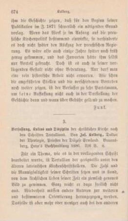 674-679 [Rezension] Kolberg, Joseph, Verfassung, Cultus und Disciplin der christlichen Kirche nach den Schriften Tertullians
