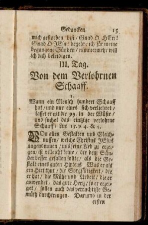 III. Tag. Von dem Verlohrnen Schaaff. - IV. Tag. Von dem guten Hirten.