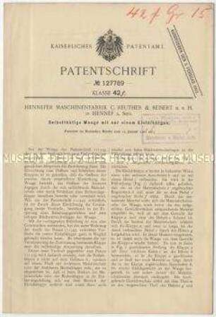 Patentschrift einer selbsttätigen Waage mit nur einem Einlaßorgan, Patent-Nr. 127789